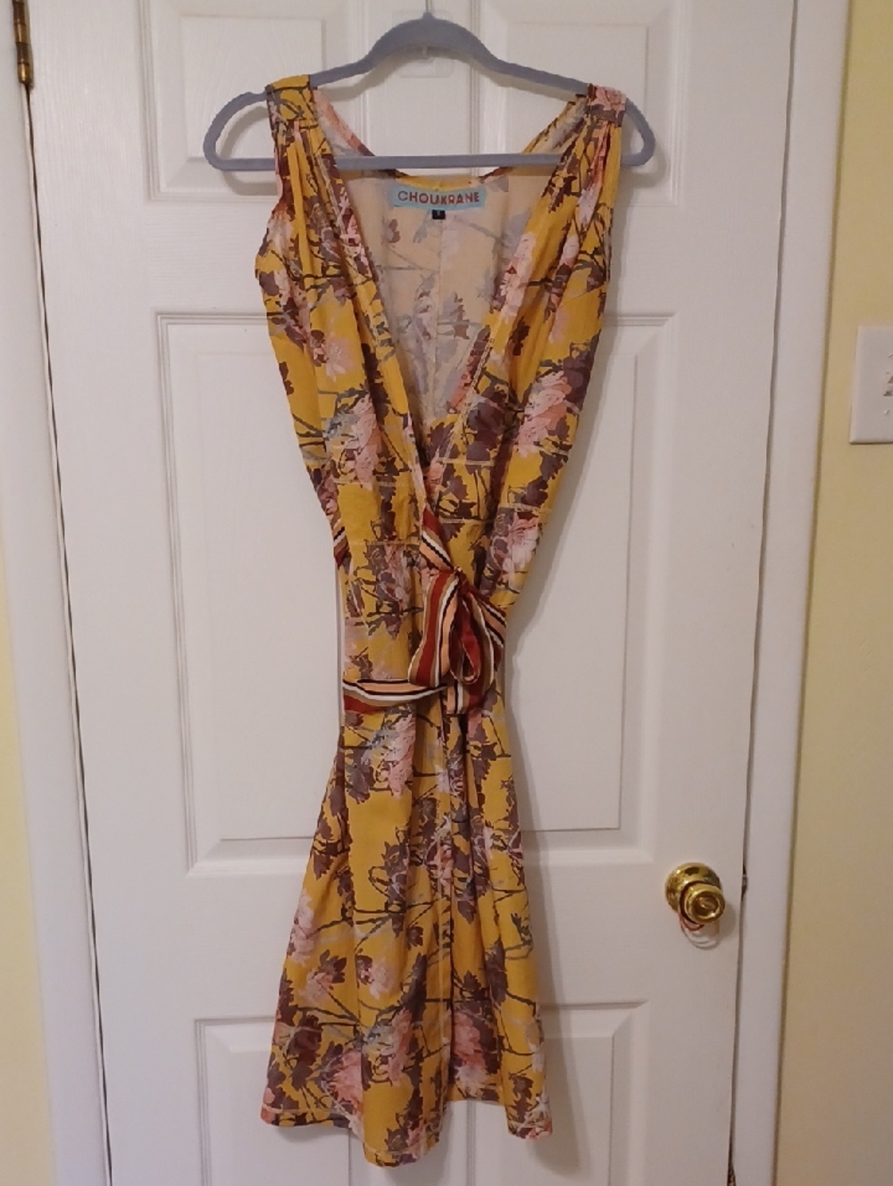 Choukrane Sz S, Spicy Mustard Floral Wrap Dress.